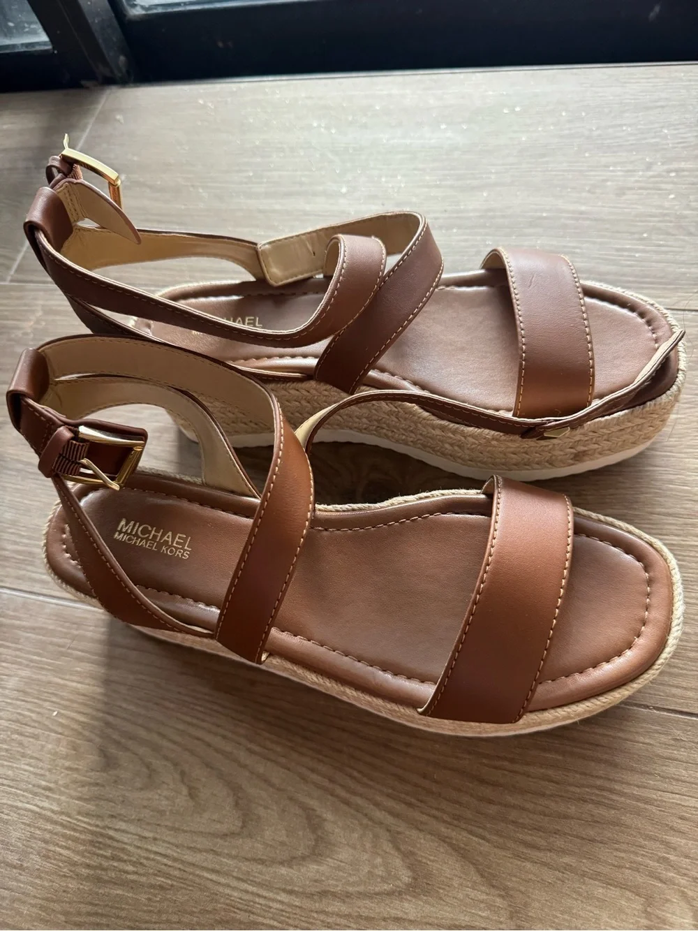 Michael Kors Brown Leather Espadrille Wedge Sandals